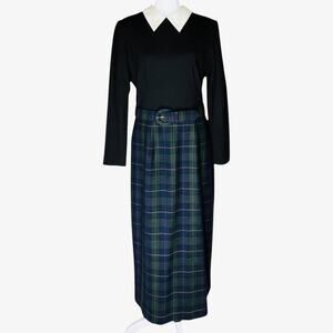 Vintage Talbots Tartan Plaid Wool Dress 12P Peter Pan Collar Preppy Modest Twee